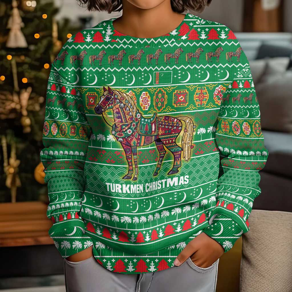 Turkmenistan Christmas Kid Ugly Christmas Sweater with Decorated Horse Crescent Moon Pattern and Traditional Carpet - Wonder Print Shop