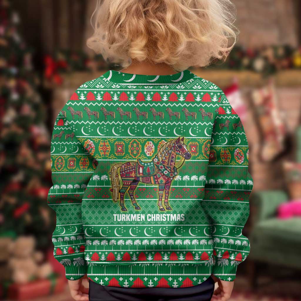 Turkmenistan Christmas Kid Ugly Christmas Sweater with Decorated Horse Crescent Moon Pattern and Traditional Carpet - Wonder Print Shop