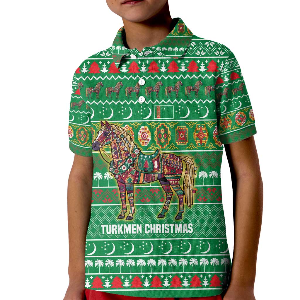 Turkmenistan Christmas Kid Polo Shirt with Decorated Horse Crescent Moon Pattern and Traditional Carpet - Wonder Print Shop