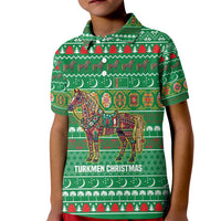 Turkmenistan Christmas Kid Polo Shirt with Decorated Horse Crescent Moon Pattern and Traditional Carpet - Wonder Print Shop