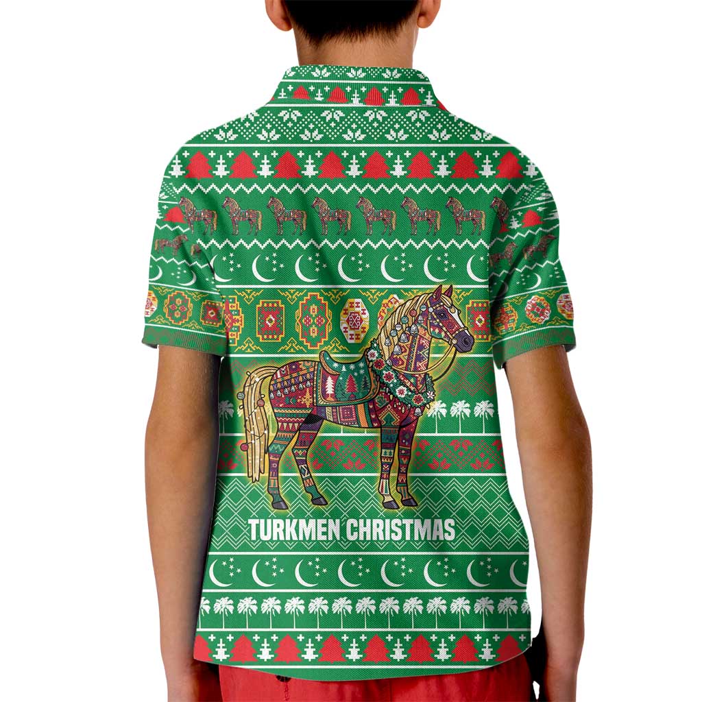 Turkmenistan Christmas Kid Polo Shirt with Decorated Horse Crescent Moon Pattern and Traditional Carpet - Wonder Print Shop