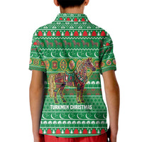 Turkmenistan Christmas Kid Polo Shirt with Decorated Horse Crescent Moon Pattern and Traditional Carpet - Wonder Print Shop