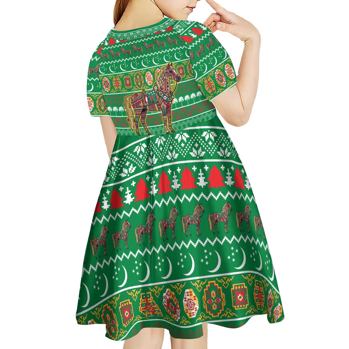Turkmenistan Christmas Kid Short Sleeve Dress with Decorated Horse Crescent Moon Pattern and Traditional Carpet - Wonder Print Shop