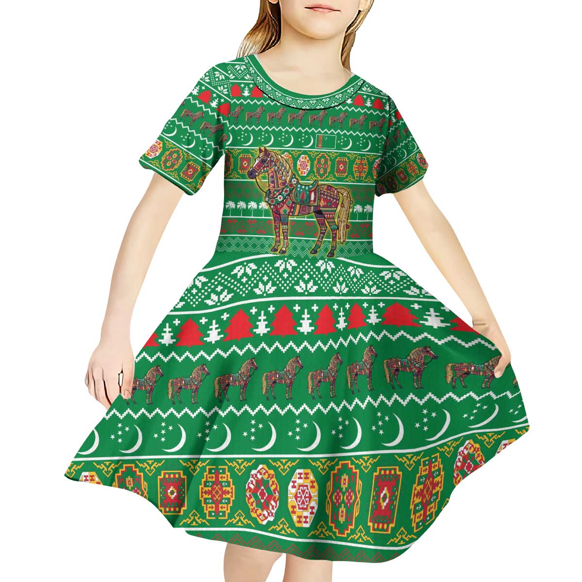 Turkmenistan Christmas Kid Short Sleeve Dress with Decorated Horse Crescent Moon Pattern and Traditional Carpet - Wonder Print Shop