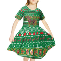 Turkmenistan Christmas Kid Short Sleeve Dress with Decorated Horse Crescent Moon Pattern and Traditional Carpet - Wonder Print Shop