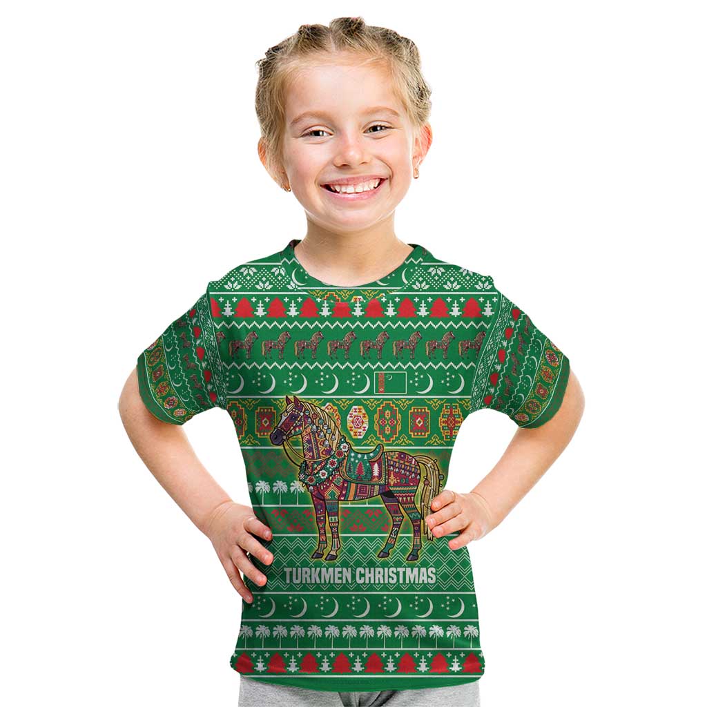 Turkmenistan Christmas Kid T Shirt with Decorated Horse Crescent Moon Pattern and Traditional Carpet - Wonder Print Shop