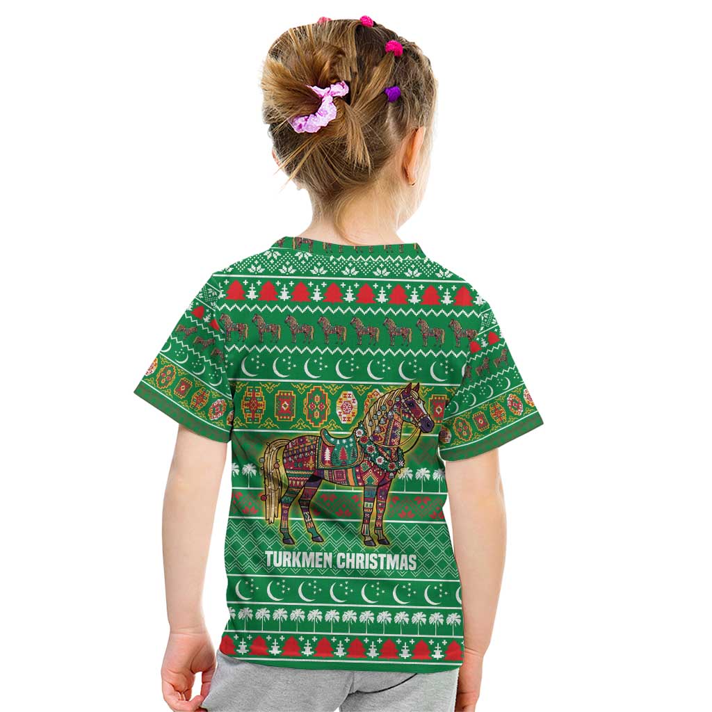 Turkmenistan Christmas Kid T Shirt with Decorated Horse Crescent Moon Pattern and Traditional Carpet - Wonder Print Shop