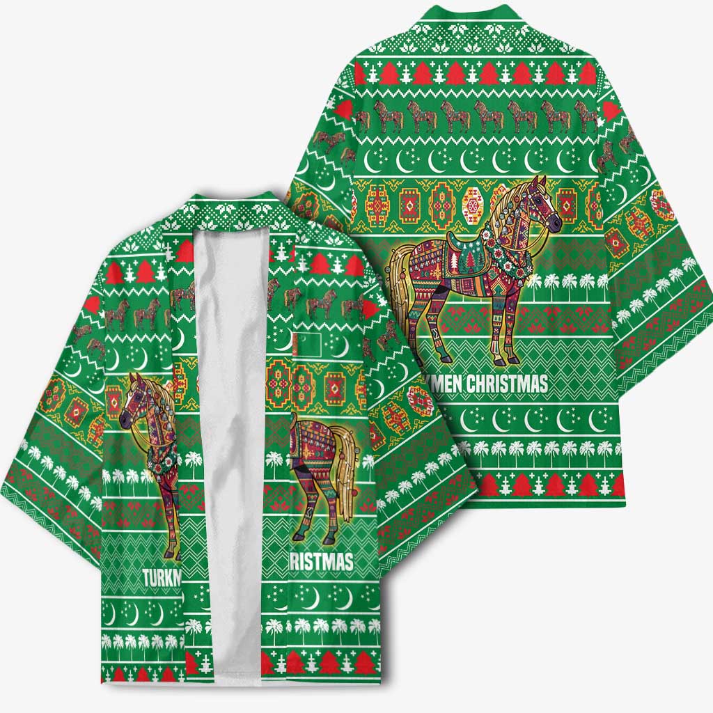 Turkmenistan Christmas Kimono with Decorated Horse Crescent Moon Pattern and Traditional Carpet - Wonder Print Shop