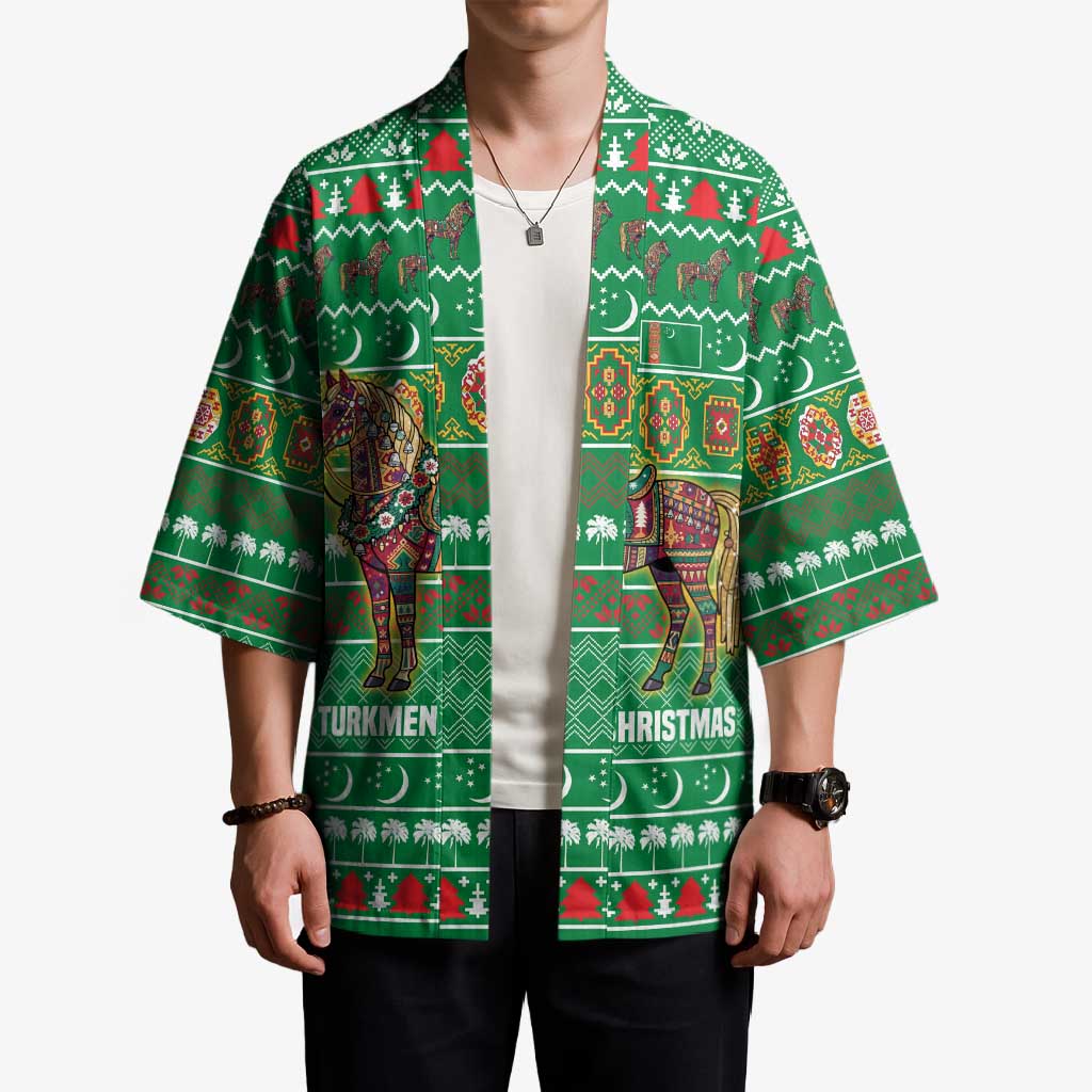 Turkmenistan Christmas Kimono with Decorated Horse Crescent Moon Pattern and Traditional Carpet - Wonder Print Shop