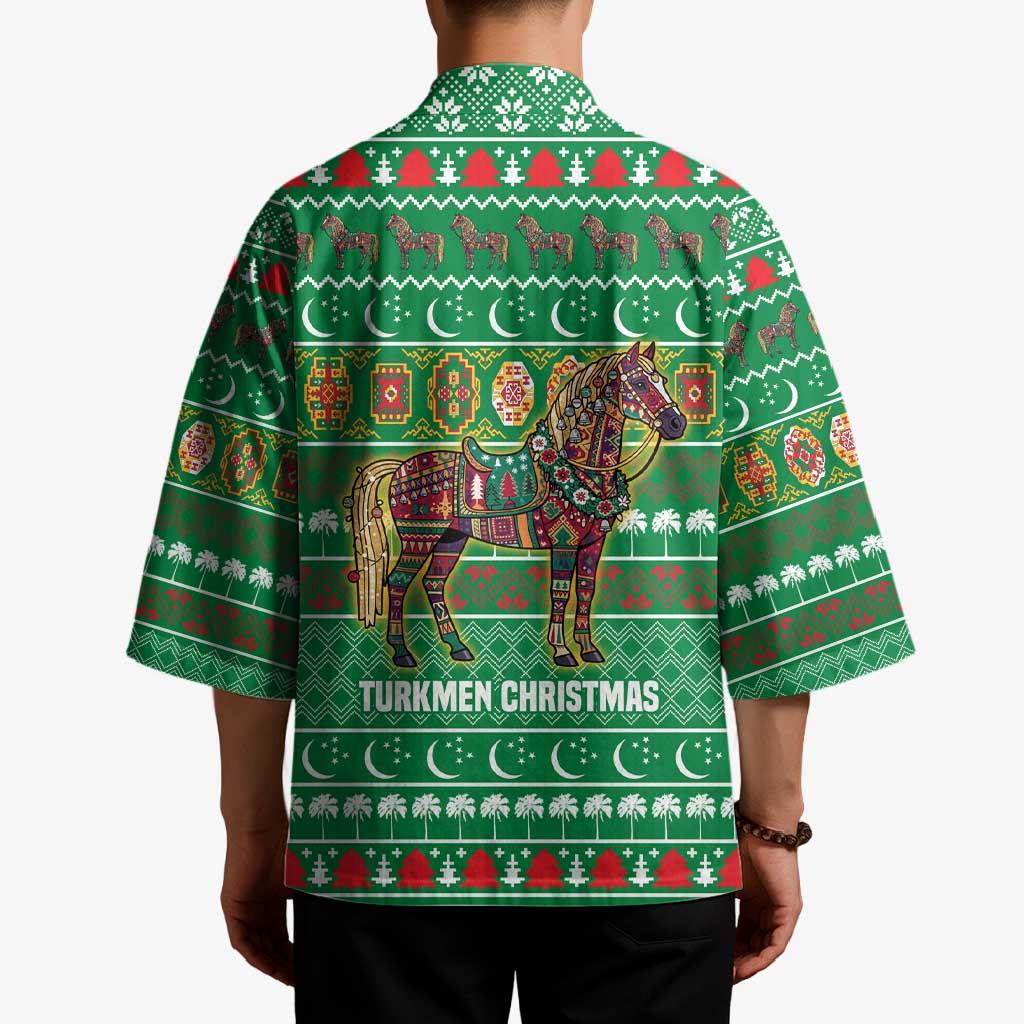 Turkmenistan Christmas Kimono with Decorated Horse Crescent Moon Pattern and Traditional Carpet - Wonder Print Shop