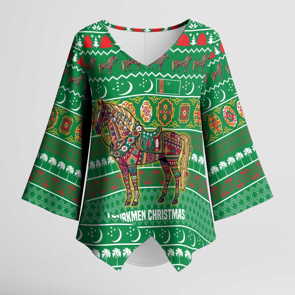 Turkmenistan Christmas Kimono Sleeve Blouse with Decorated Horse Crescent Moon Pattern and Traditional Carpet - Wonder Print Shop