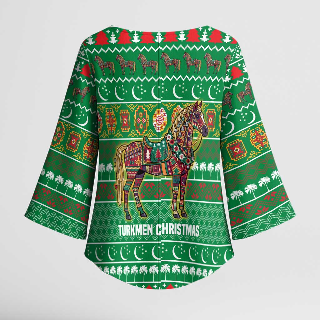 Turkmenistan Christmas Kimono Sleeve Blouse with Decorated Horse Crescent Moon Pattern and Traditional Carpet - Wonder Print Shop