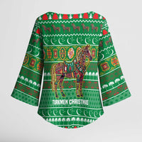Turkmenistan Christmas Kimono Sleeve Blouse with Decorated Horse Crescent Moon Pattern and Traditional Carpet - Wonder Print Shop