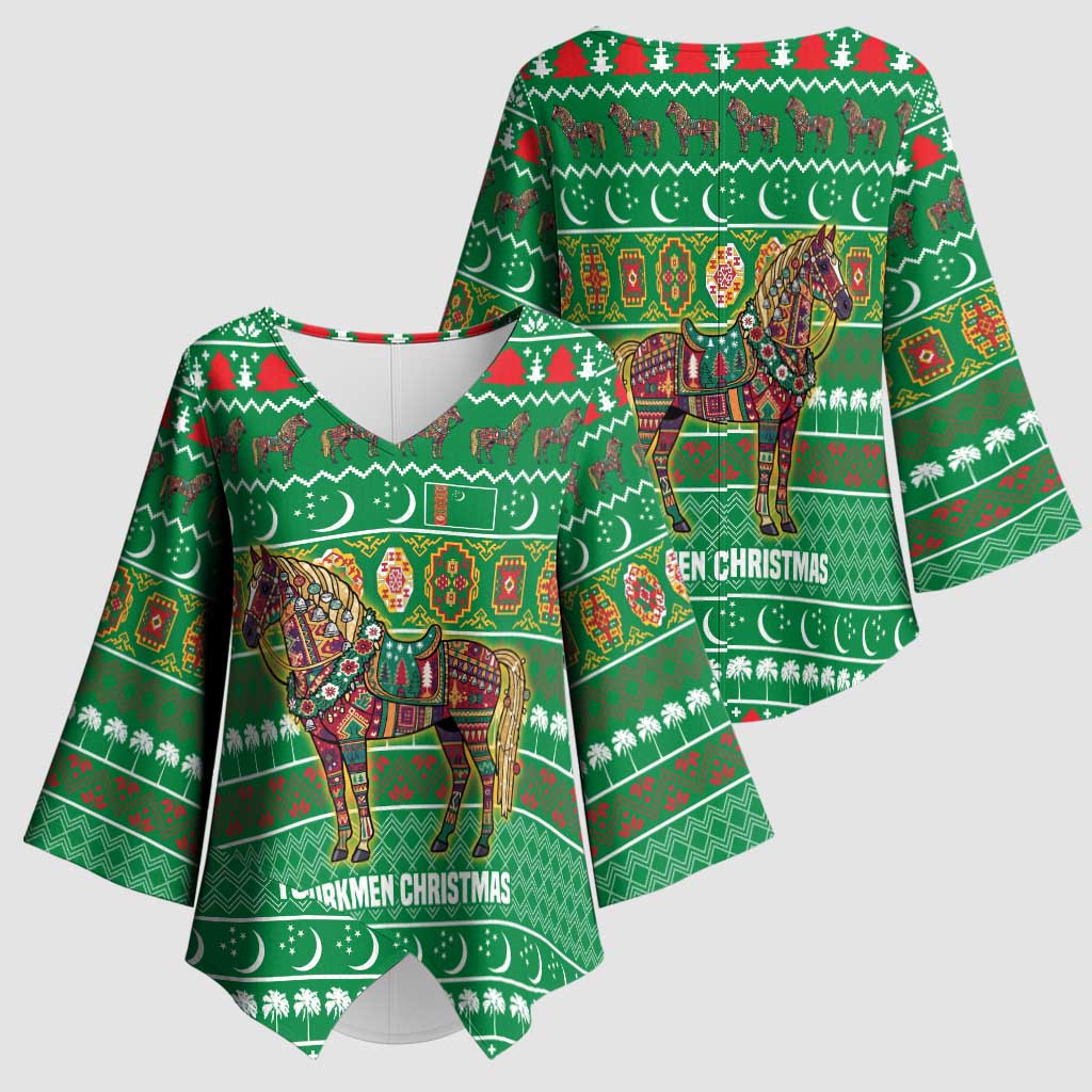 Turkmenistan Christmas Kimono Sleeve Blouse with Decorated Horse Crescent Moon Pattern and Traditional Carpet - Wonder Print Shop