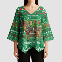 Turkmenistan Christmas Kimono Sleeve Blouse with Decorated Horse Crescent Moon Pattern and Traditional Carpet - Wonder Print Shop