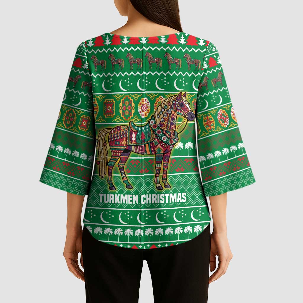Turkmenistan Christmas Kimono Sleeve Blouse with Decorated Horse Crescent Moon Pattern and Traditional Carpet - Wonder Print Shop