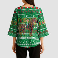 Turkmenistan Christmas Kimono Sleeve Blouse with Decorated Horse Crescent Moon Pattern and Traditional Carpet - Wonder Print Shop