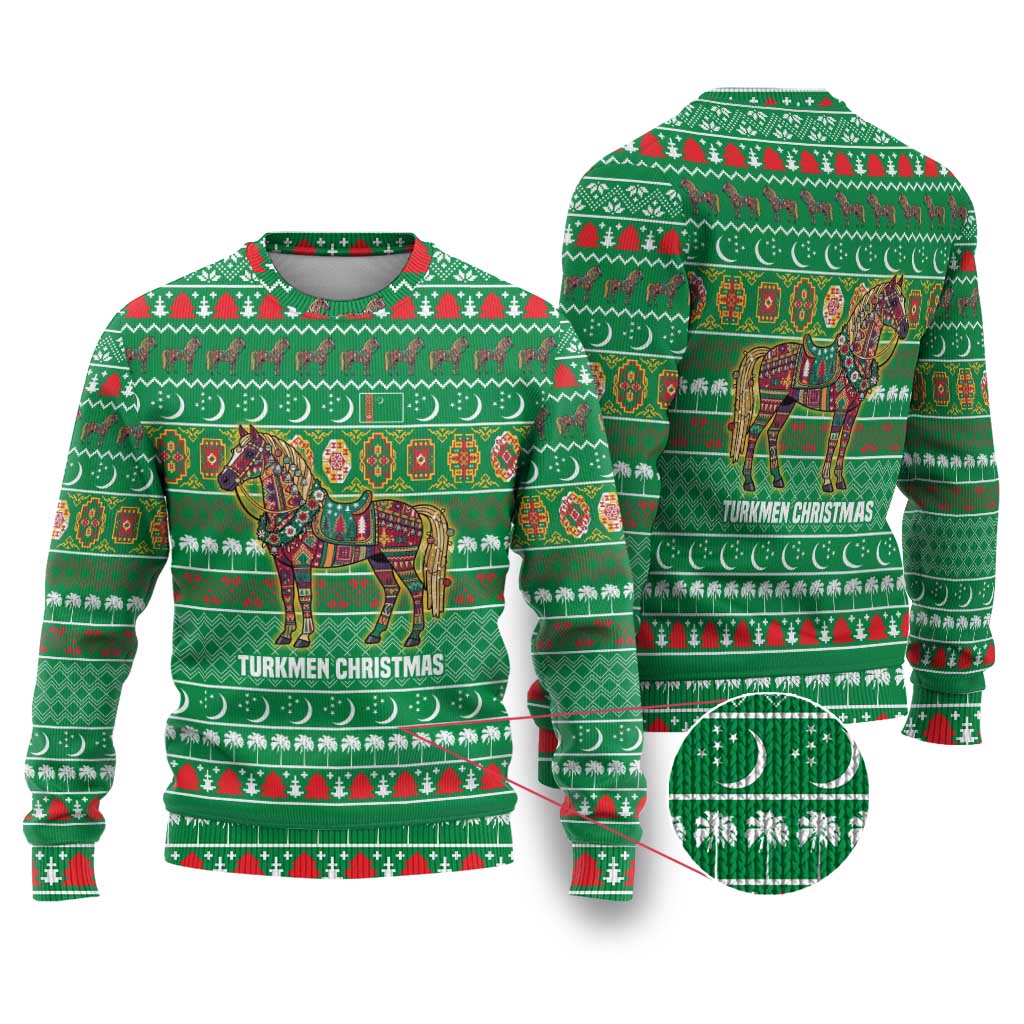 Turkmenistan Christmas Ugly Christmas Sweater with Decorated Horse Crescent Moon Pattern and Traditional Carpet - Wonder Print Shop