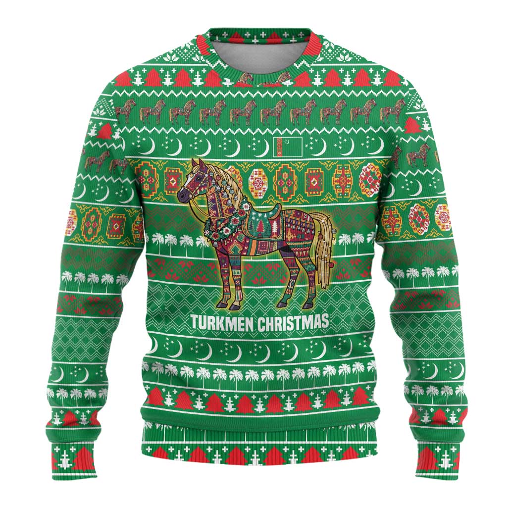 Turkmenistan Christmas Ugly Christmas Sweater with Decorated Horse Crescent Moon Pattern and Traditional Carpet - Wonder Print Shop