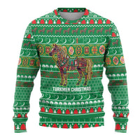Turkmenistan Christmas Ugly Christmas Sweater with Decorated Horse Crescent Moon Pattern and Traditional Carpet - Wonder Print Shop