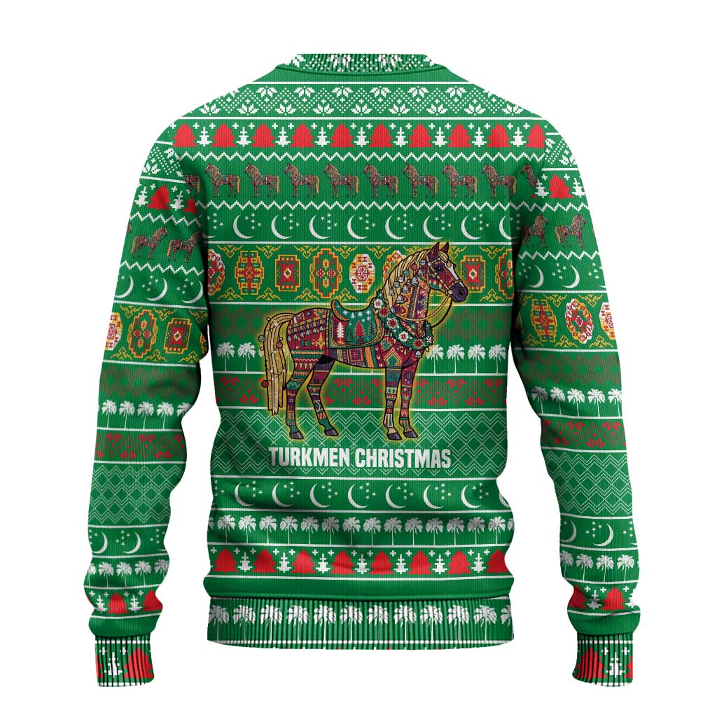 Turkmenistan Christmas Ugly Christmas Sweater with Decorated Horse Crescent Moon Pattern and Traditional Carpet - Wonder Print Shop