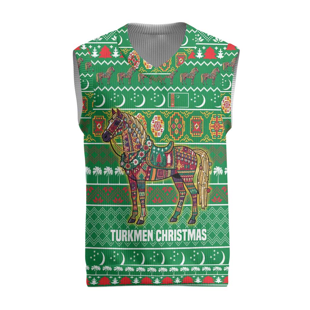 Turkmenistan Christmas Knitted V-Neck Vest with Decorated Horse Crescent Moon Pattern and Traditional Carpet - Wonder Print Shop