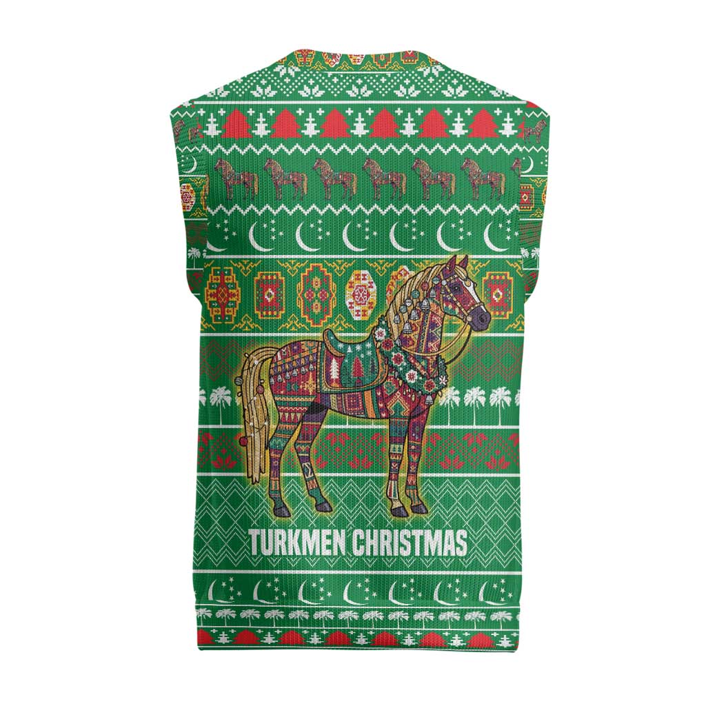 Turkmenistan Christmas Knitted V-Neck Vest with Decorated Horse Crescent Moon Pattern and Traditional Carpet - Wonder Print Shop