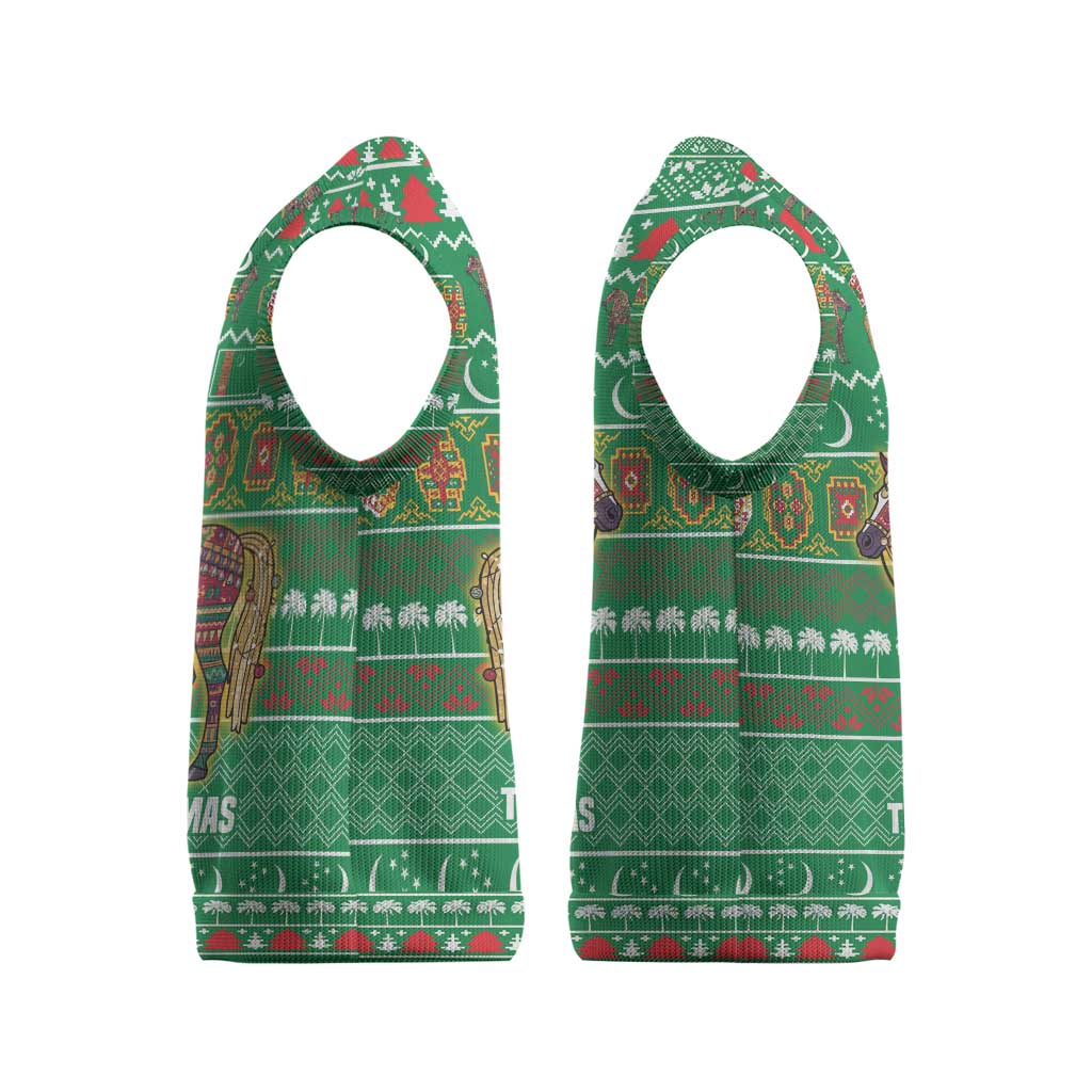Turkmenistan Christmas Knitted V-Neck Vest with Decorated Horse Crescent Moon Pattern and Traditional Carpet - Wonder Print Shop