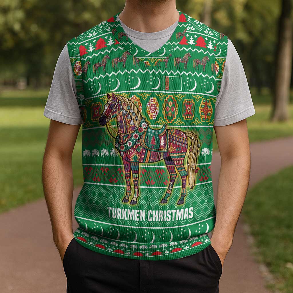 Turkmenistan Christmas Knitted V-Neck Vest with Decorated Horse Crescent Moon Pattern and Traditional Carpet - Wonder Print Shop