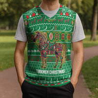 Turkmenistan Christmas Knitted V-Neck Vest with Decorated Horse Crescent Moon Pattern and Traditional Carpet - Wonder Print Shop