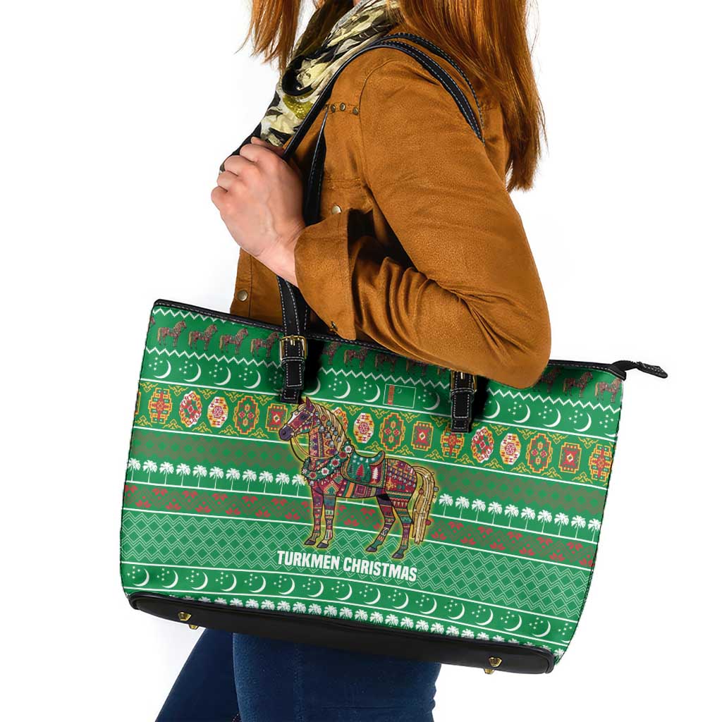 Turkmenistan Christmas Leather Tote Bag with Decorated Horse Crescent Moon Pattern and Traditional Carpet - Wonder Print Shop