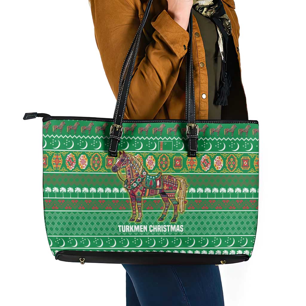 Turkmenistan Christmas Leather Tote Bag with Decorated Horse Crescent Moon Pattern and Traditional Carpet - Wonder Print Shop