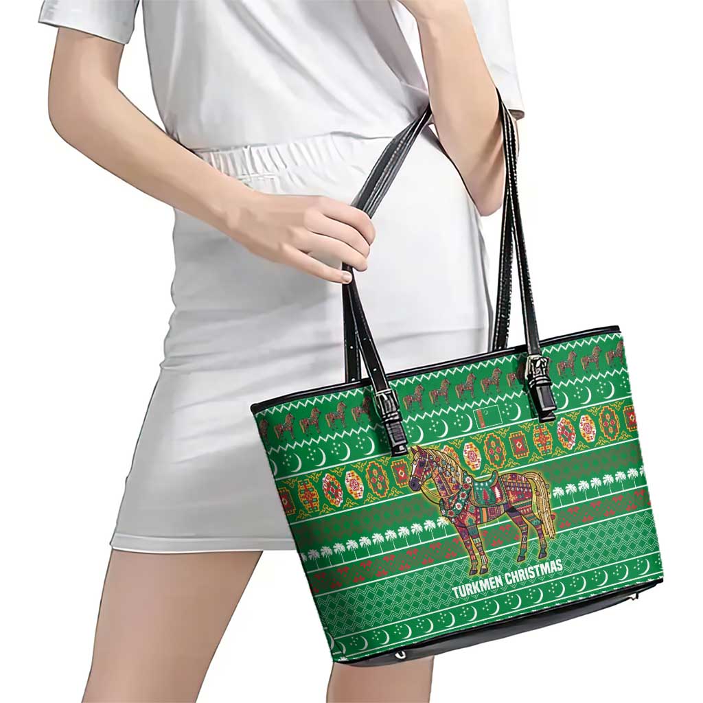 Turkmenistan Christmas Leather Tote Bag with Decorated Horse Crescent Moon Pattern and Traditional Carpet - Wonder Print Shop