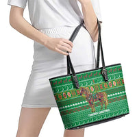 Turkmenistan Christmas Leather Tote Bag with Decorated Horse Crescent Moon Pattern and Traditional Carpet - Wonder Print Shop