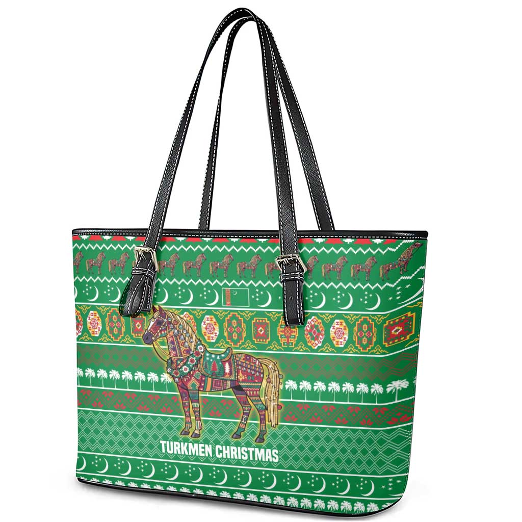 Turkmenistan Christmas Leather Tote Bag with Decorated Horse Crescent Moon Pattern and Traditional Carpet - Wonder Print Shop