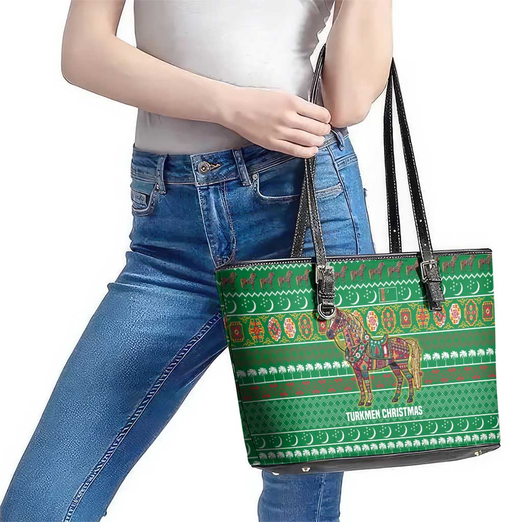 Turkmenistan Christmas Leather Tote Bag with Decorated Horse Crescent Moon Pattern and Traditional Carpet - Wonder Print Shop