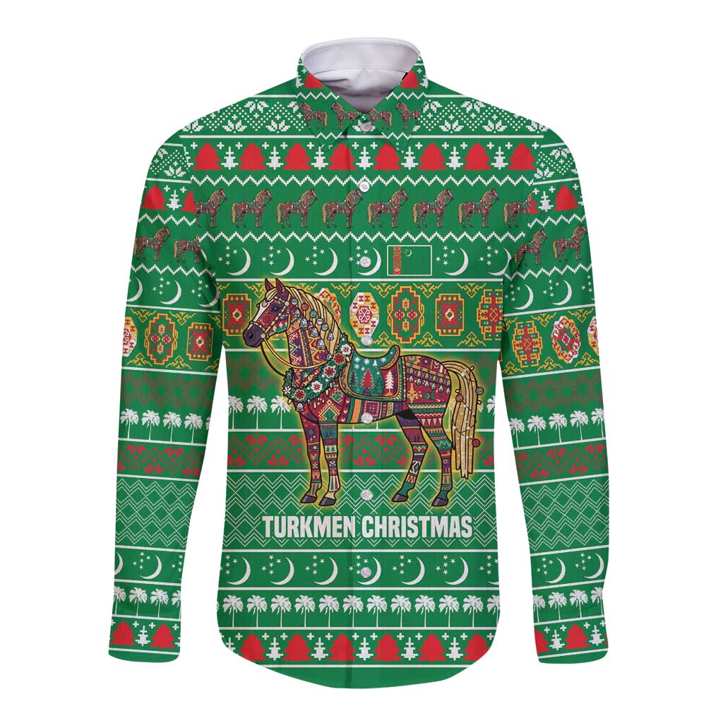 Turkmenistan Christmas Long Sleeve Button Shirt with Decorated Horse Crescent Moon Pattern and Traditional Carpet - Wonder Print Shop