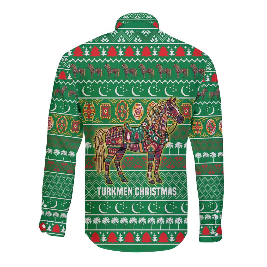 Turkmenistan Christmas Long Sleeve Button Shirt with Decorated Horse Crescent Moon Pattern and Traditional Carpet - Wonder Print Shop