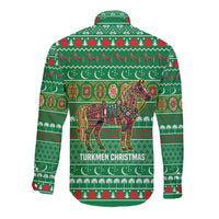 Turkmenistan Christmas Long Sleeve Button Shirt with Decorated Horse Crescent Moon Pattern and Traditional Carpet - Wonder Print Shop