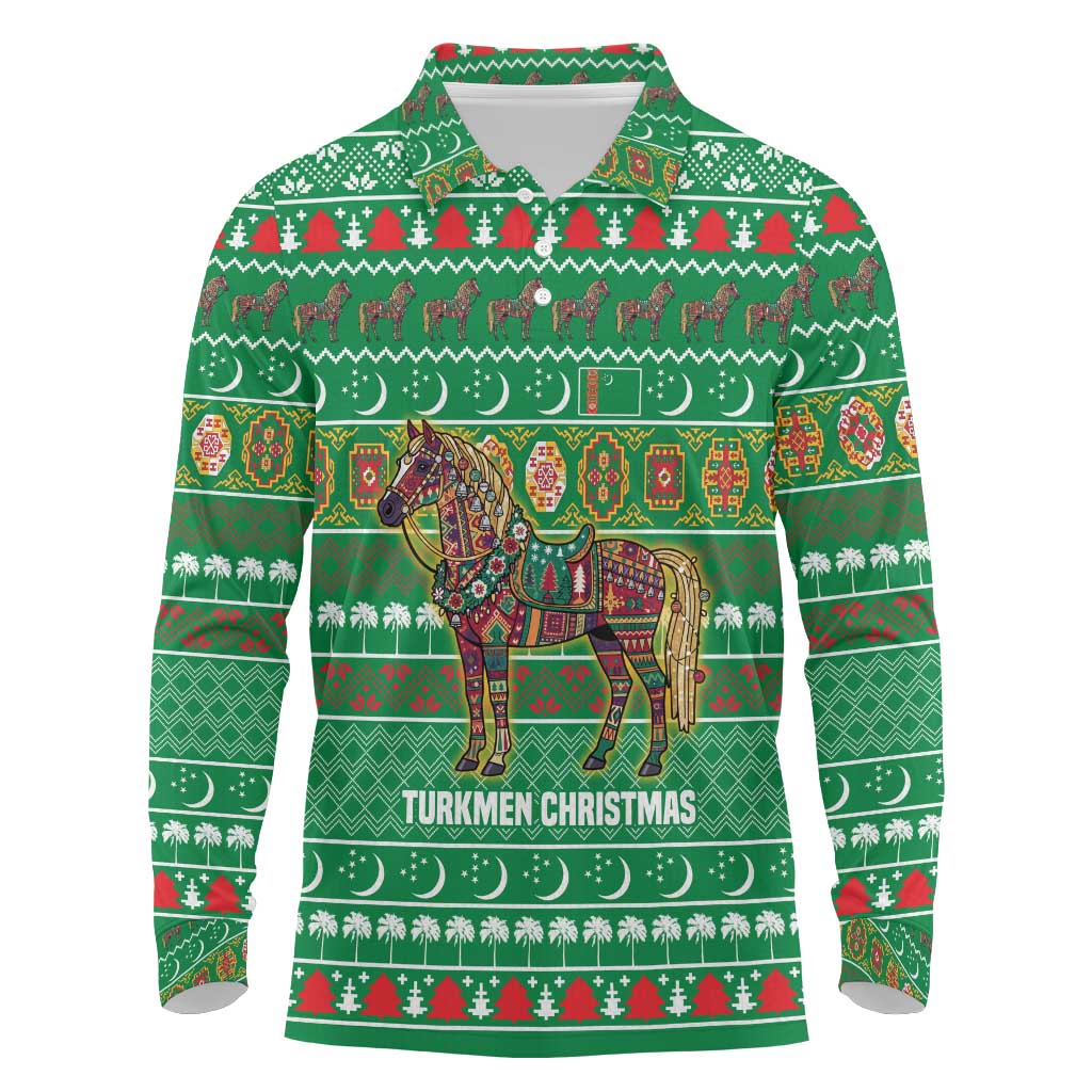 Turkmenistan Christmas Long Sleeve Polo Shirt with Decorated Horse Crescent Moon Pattern and Traditional Carpet - Wonder Print Shop