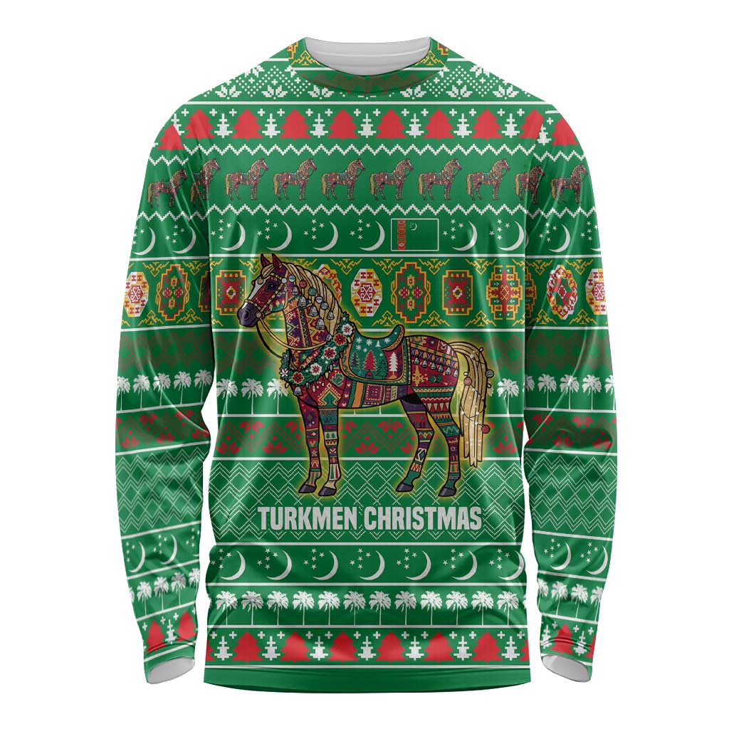 Turkmenistan Christmas Long Sleeve Shirt with Decorated Horse Crescent Moon Pattern and Traditional Carpet - Wonder Print Shop