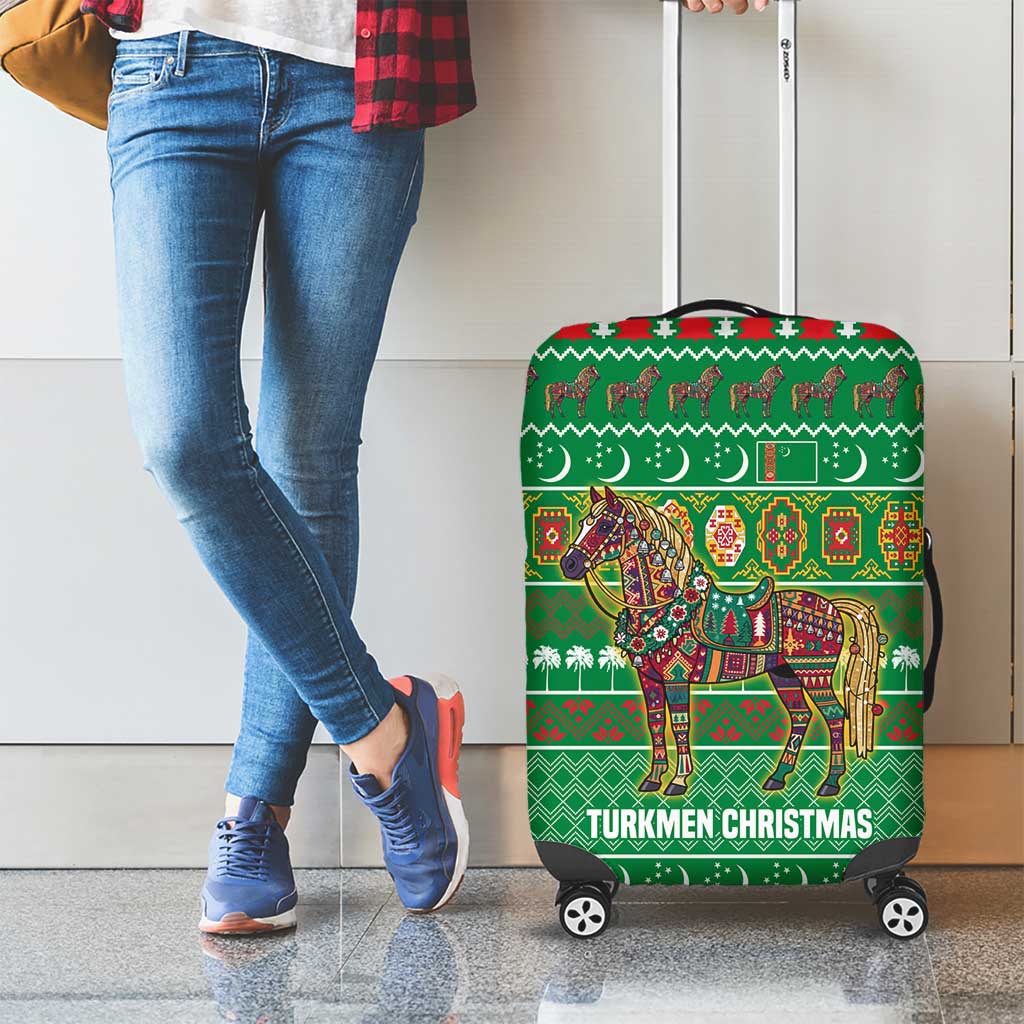 Turkmenistan Christmas Luggage Cover with Decorated Horse Crescent Moon Pattern and Traditional Carpet - Wonder Print Shop