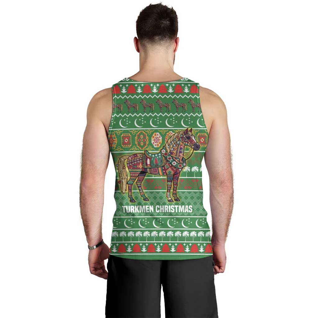 Turkmenistan Christmas Men Tank Top with Decorated Horse Crescent Moon Pattern and Traditional Carpet - Wonder Print Shop
