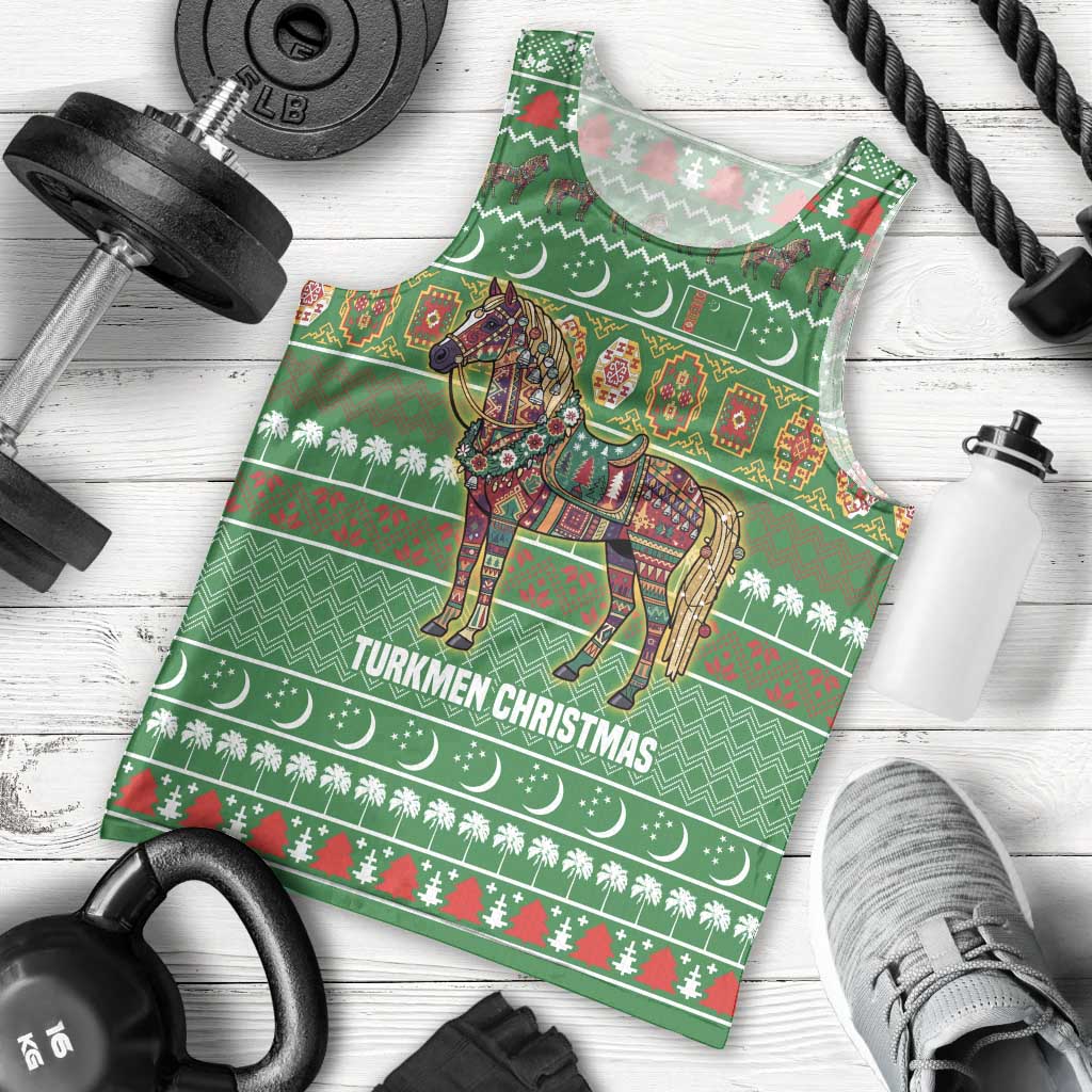 Turkmenistan Christmas Men Tank Top with Decorated Horse Crescent Moon Pattern and Traditional Carpet - Wonder Print Shop