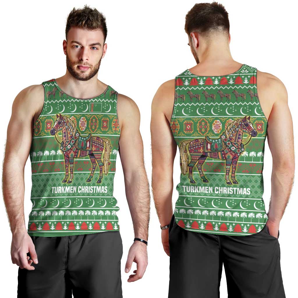 Turkmenistan Christmas Men Tank Top with Decorated Horse Crescent Moon Pattern and Traditional Carpet - Wonder Print Shop