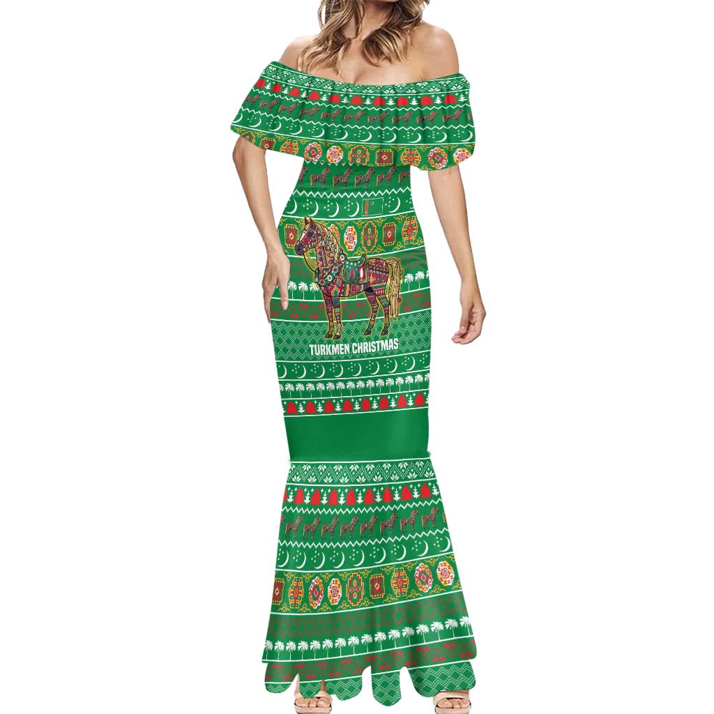 Turkmenistan Christmas Mermaid Dress with Decorated Horse Crescent Moon Pattern and Traditional Carpet - Wonder Print Shop