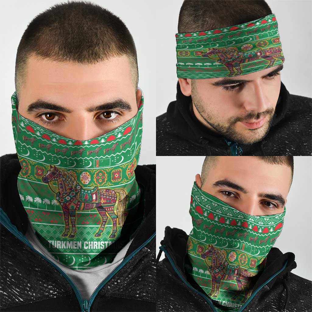 Turkmenistan Christmas Neck Gaiter with Decorated Horse Crescent Moon Pattern and Traditional Carpet - undefined