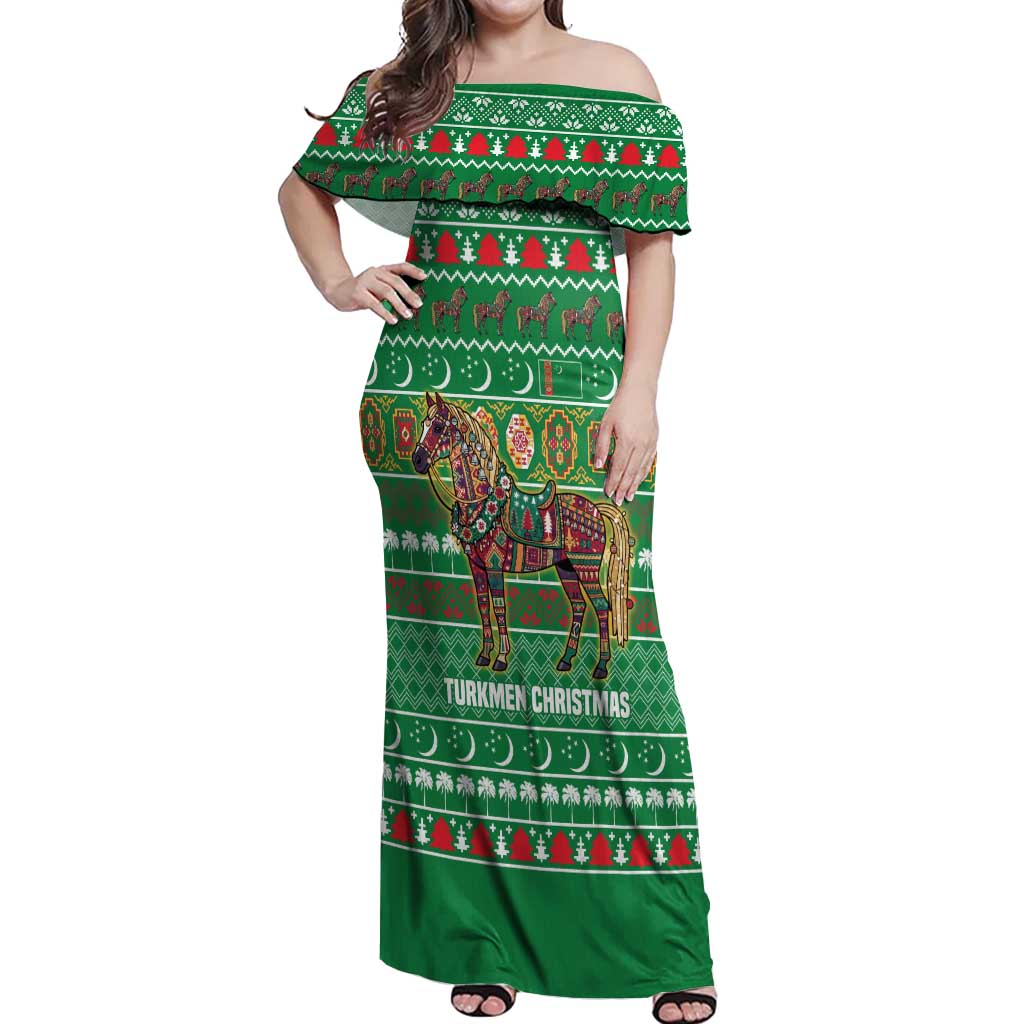 Turkmenistan Christmas Off Shoulder Maxi Dress with Decorated Horse Crescent Moon Pattern and Traditional Carpet - Wonder Print Shop