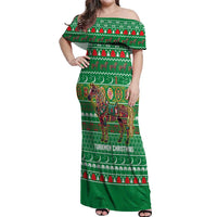 Turkmenistan Christmas Off Shoulder Maxi Dress with Decorated Horse Crescent Moon Pattern and Traditional Carpet - Wonder Print Shop
