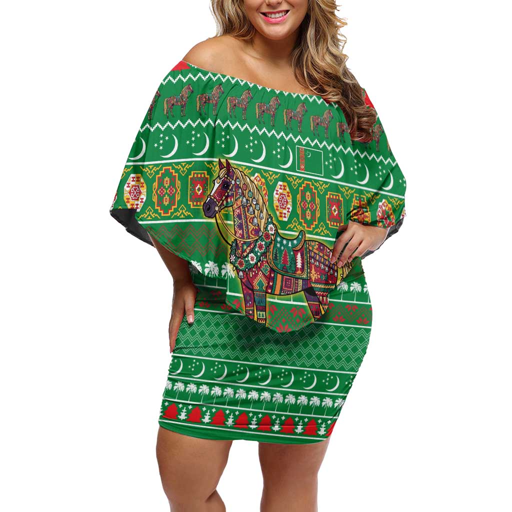 Turkmenistan Christmas Off Shoulder Short Dress with Decorated Horse Crescent Moon Pattern and Traditional Carpet - Wonder Print Shop